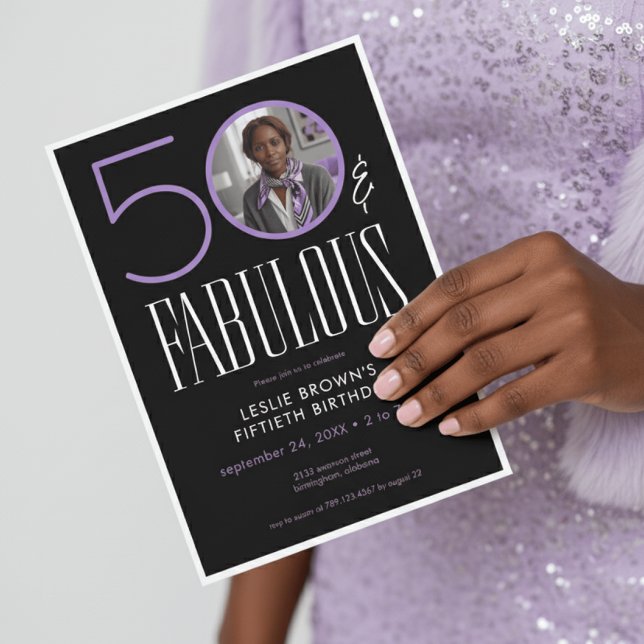 Invitation Modern Fifty Fabulous Purple White Photo Birthday (Créateur téléchargé)