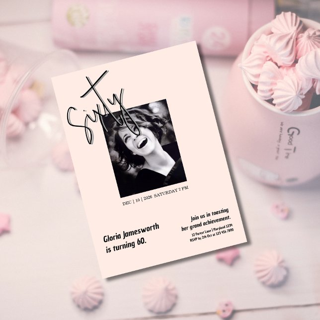Invitation Modern Funny Light Pink Photo 60th Birthday  (Créateur téléchargé)