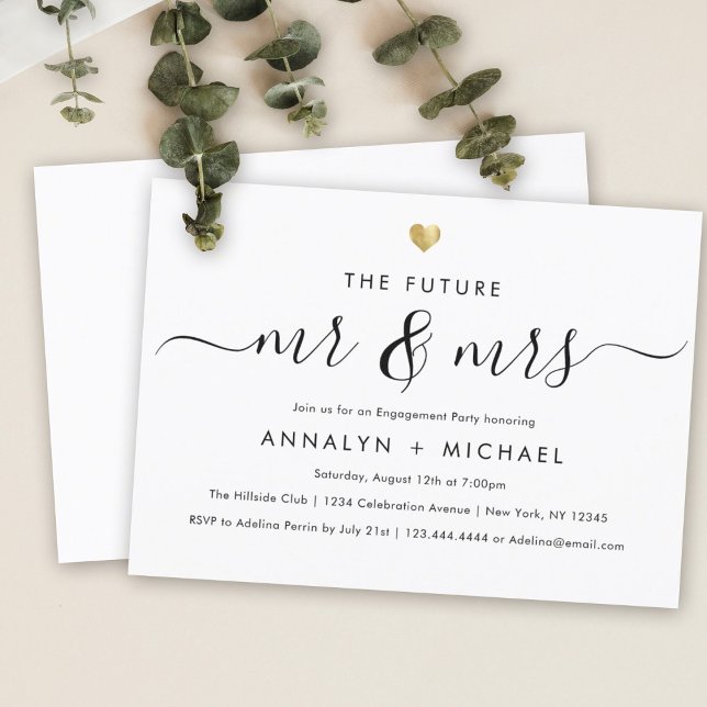 Invitation Modern Gold Future M. et Mme Engagement Party (Engagement party invitation on a light table. Text reads "The Future Mr & Mrs" in elegant script.)