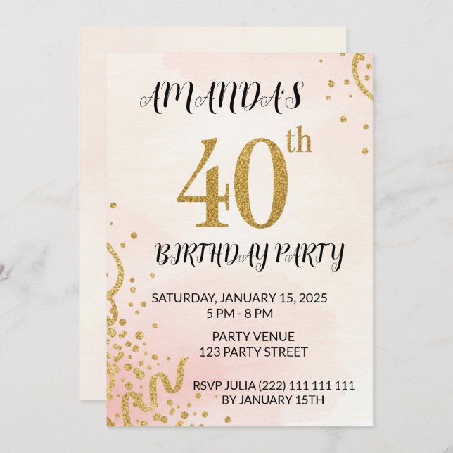 Invitation Modern Gold Glitter 40th Birthday (Devant / Derrière)