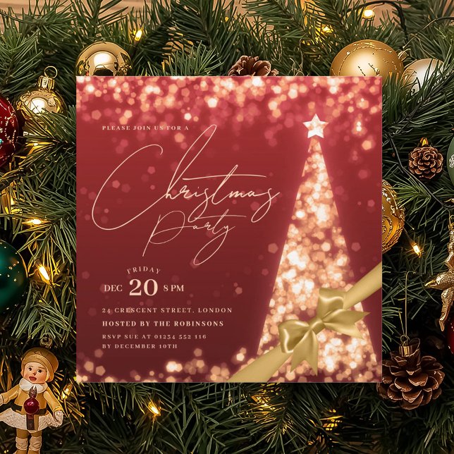 Invitation MODERN Gold Red Winter Christmas Tree Bow Party  (MODERN Gold Red Winter Christmas Tree Bow Party Invitation)