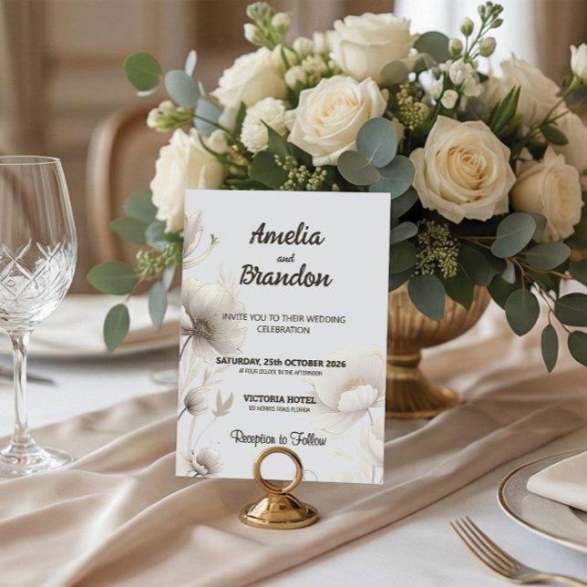 Invitation Modern Gold Sketch Flowers | White Wedding (Créateur téléchargé)