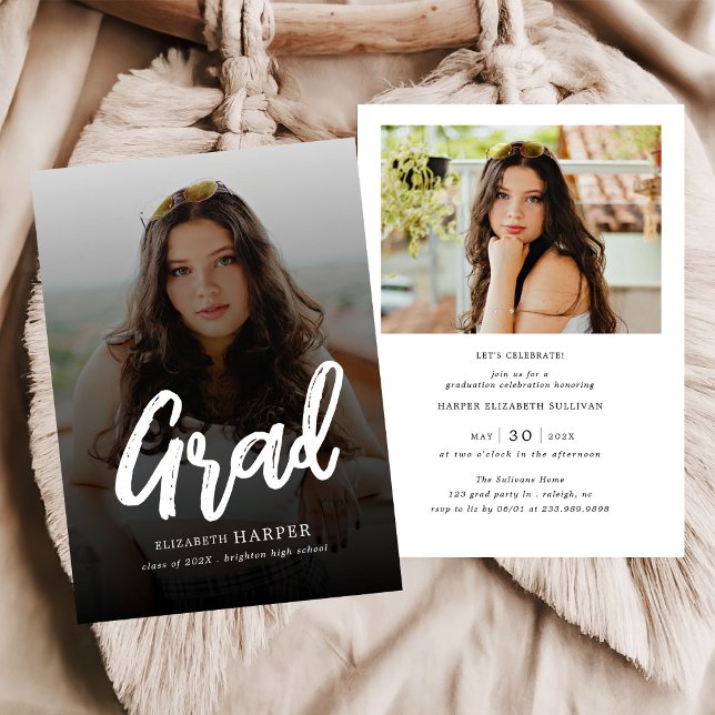 Invitation Modern Grad Brush Script Photo Graduation (Créateur téléchargé)