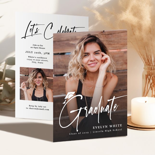 Invitation Modern Grad Cap Script 4 Photo Simple Graduation (Modern Grad Cap Script 4 Photo Simple Graduation Invitation)