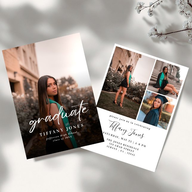Invitation Modern Graduate White Script 4 Photos Graduation   (Créateur téléchargé)