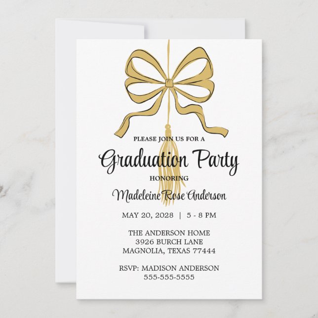 Invitation Modern Graduation Tassel and Bow Gold (Devant)