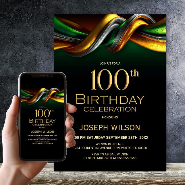 Invitation Modern Green and Gold 100th Birthday Party (Créateur téléchargé)