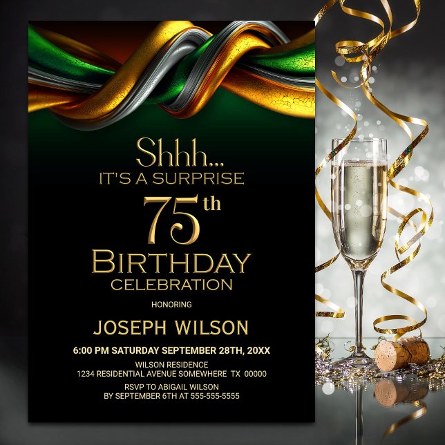 Invitation Modern Green and Gold Surprise 75th Birthday Party (Créateur téléchargé)