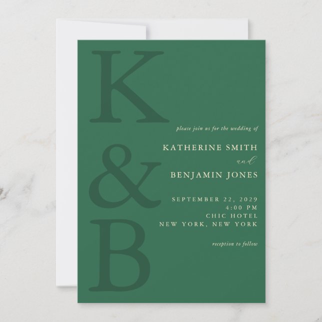 Invitation Modern Green Monogram Minimalist Wedding (Devant)