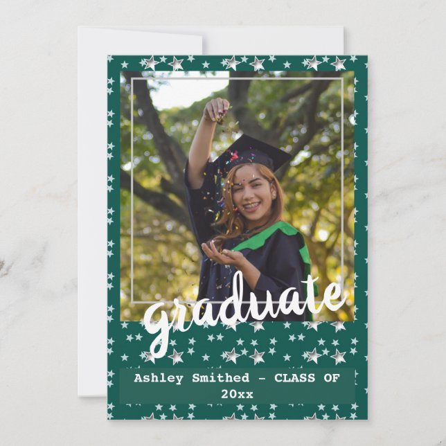 Invitation Modern Green Stars Cadre photo Graduation Invitati (Devant)