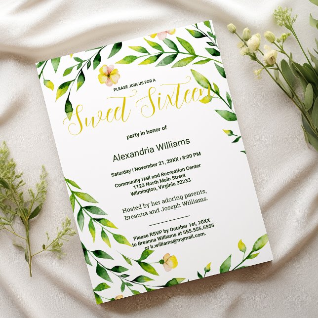 Invitation Modern green yellow outdoors floral Sweet Sixteen (Modern green yellow outdoors floral Sweet Sixteen )