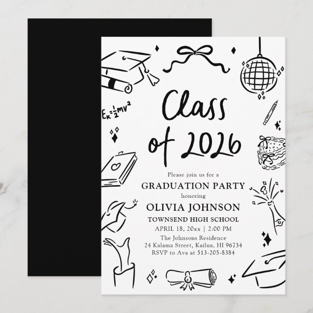 Invitation Modern Hand Drawn Class of 2026 Graduation Party (Devant / Derrière)