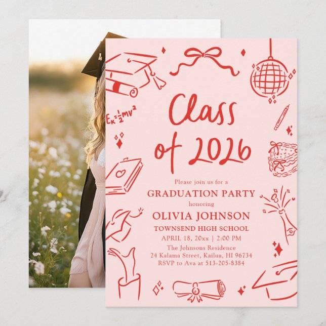 Invitation Modern Hand Drawn Class of 2026 Graduation Party (Devant / Derrière)