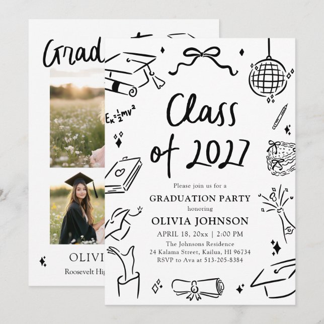 Invitation Modern Hand Drawn Class of 2027 Graduation Party (Devant / Derrière)