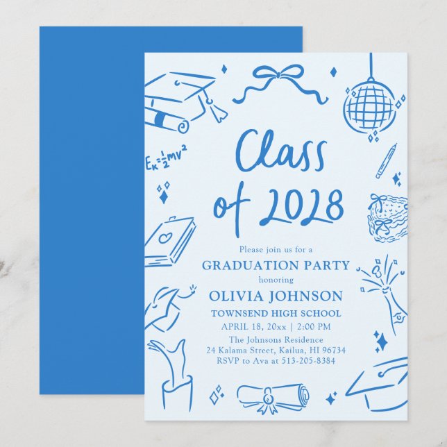 Invitation Modern Hand Drawn Class of 2028 Graduation Party (Devant / Derrière)
