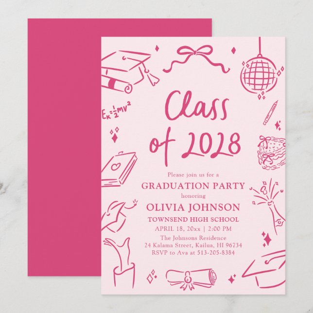 Invitation Modern Hand Drawn Class of 2028 Graduation Party (Devant / Derrière)