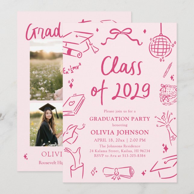 Invitation Modern Hand Drawn Class of 2029 Graduation Party (Devant / Derrière)