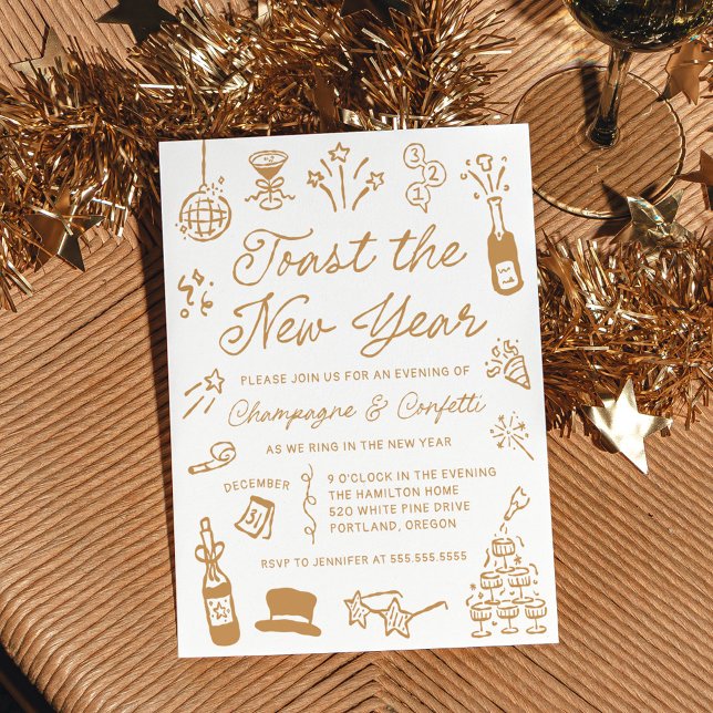 Invitation Modern Hand Drawn Gold Doodle New Year’s Eve Party (Créateur téléchargé)