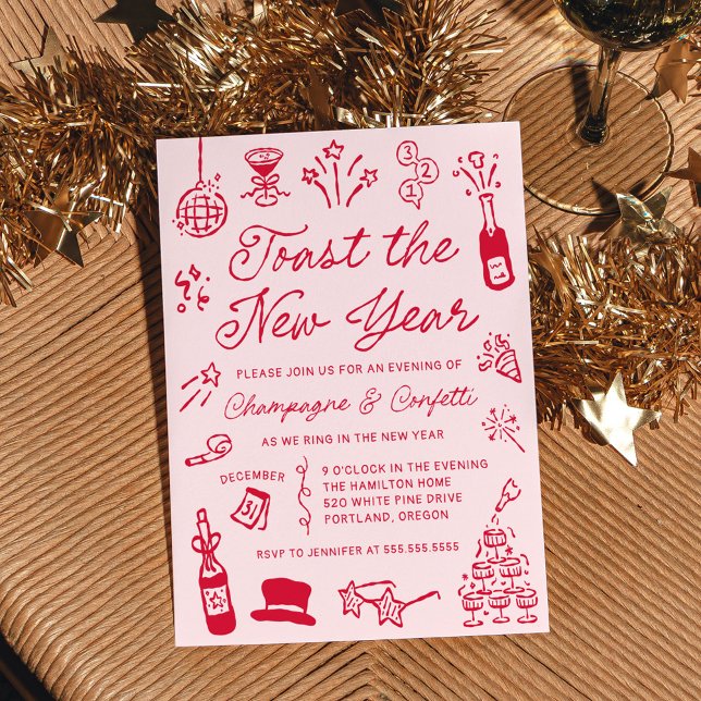 Invitation Modern Hand Drawn Red Doodle New Year’s Eve Party (Créateur téléchargé)