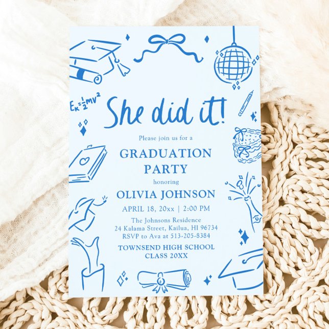 Invitation Modern Hand Drawn She did it Blue Graduation Party (Modern Hand Drawn She did it Graduation Party Invitation)