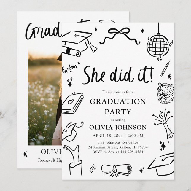 Invitation Modern Hand Drawn She did it Graduation Party (Devant / Derrière)