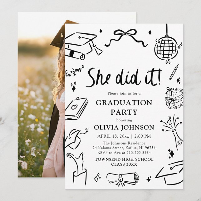 Invitation Modern Hand Drawn She did it Graduation Party (Devant / Derrière)