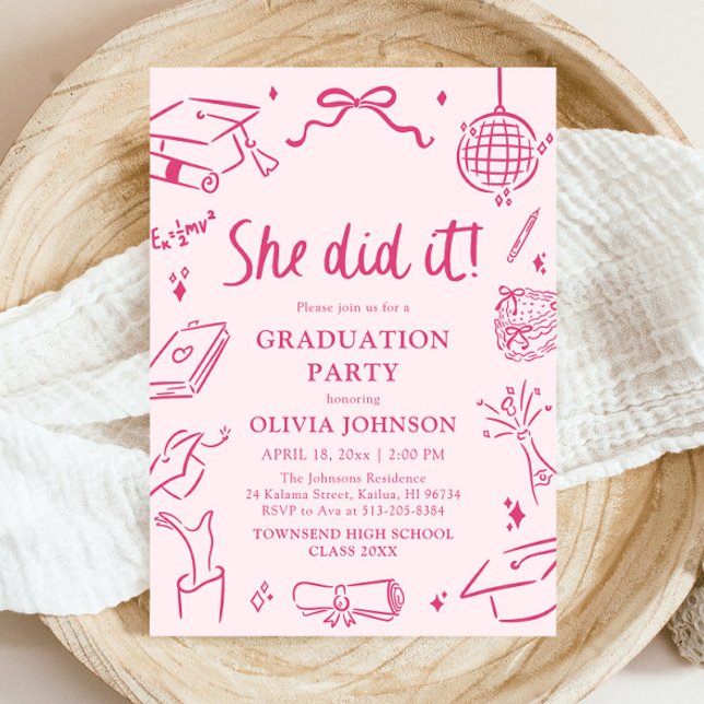 Invitation Modern Hand Drawn She did it Pink Graduation Party (Modern Hand Drawn She did it Pink Graduation Party Invitation)
