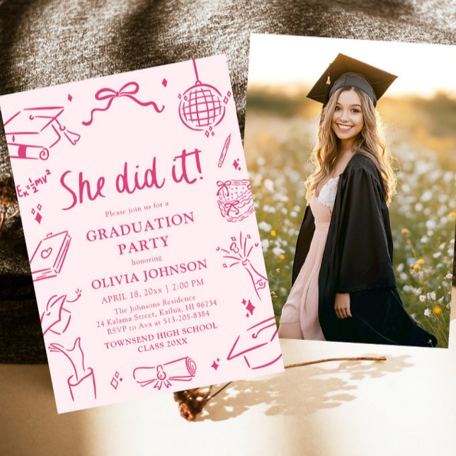 Invitation Modern Hand Drawn She did it Pink Graduation Party (Modern Hand Drawn She did it Pink Graduation Party Invitation)