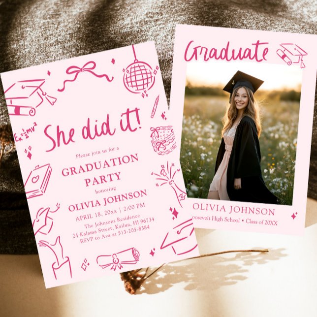 Invitation Modern Hand Drawn She did it Pink Graduation Party (Modern Hand Drawn She did it Pink Graduation Party Invitation)