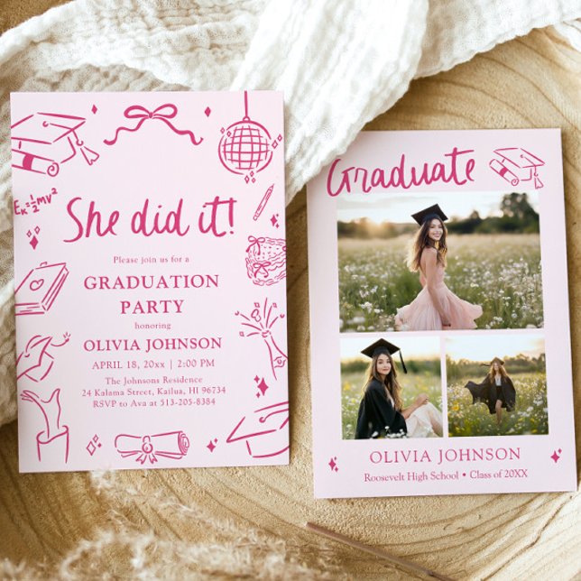 Invitation Modern Hand Drawn She did it Pink Graduation Party (Modern Hand Drawn She did it Pink Graduation Party Invitation)