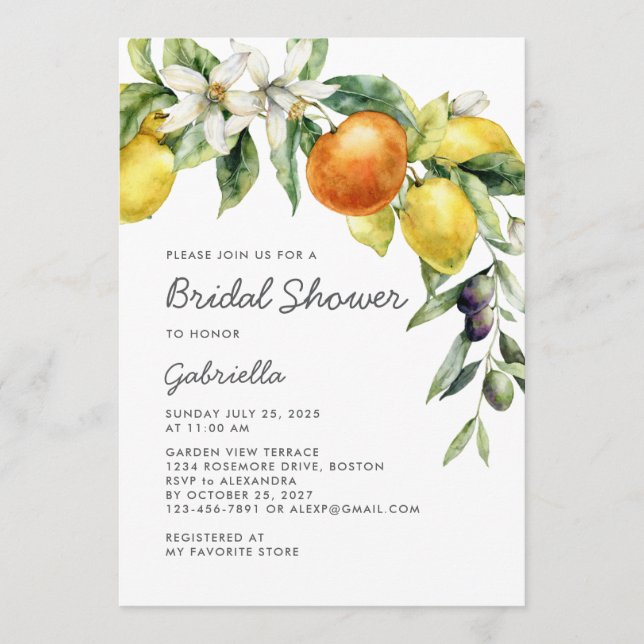 Invitation Modern Handwritte Script Citrus Bridal Shower (Devant)