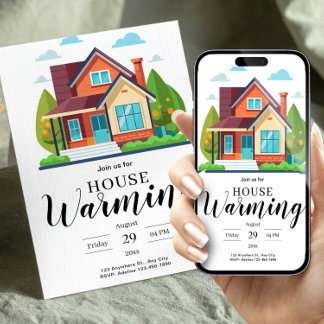 Invitation Modern Home Illustration Green Brown Housewarming