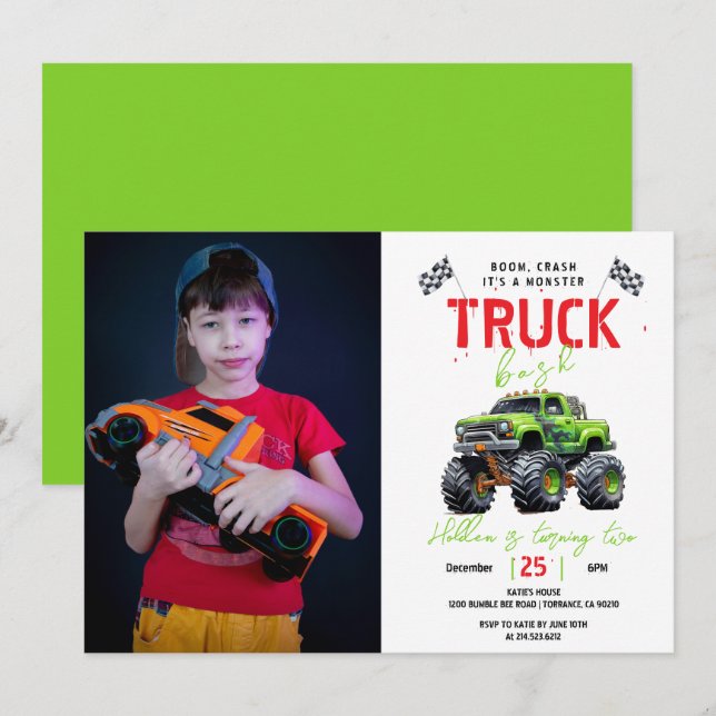 Invitation Modern Kids Monster Truck Birthday Party (Devant / Derrière)