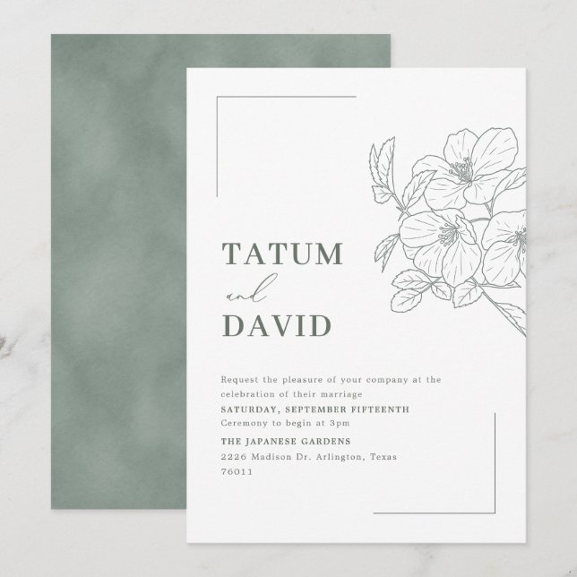 Invitation Modern Line Art Floral Green Wedding Invite (Devant / Derrière)