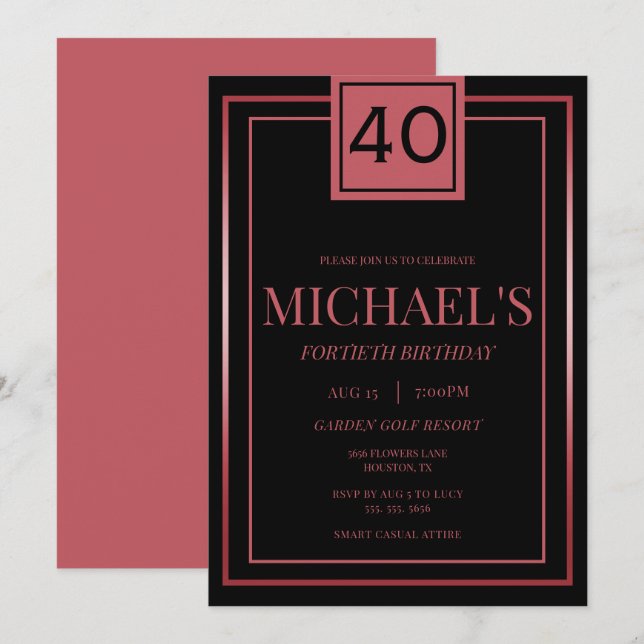 Invitation Modern Masculine Red & Black 40th Birthday (Devant / Derrière)