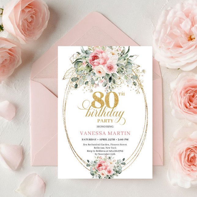 Invitation Modern Minimal Blush Floral 80th Birthday Invite  (Modern Minimal Blush Floral 80th Birthday Invite Set

)