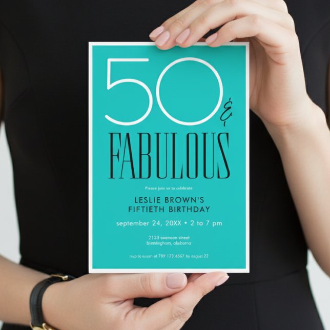 Invitation Modern Minimal Fifty Fabulous Bright Aqua Birthday (Créateur téléchargé)