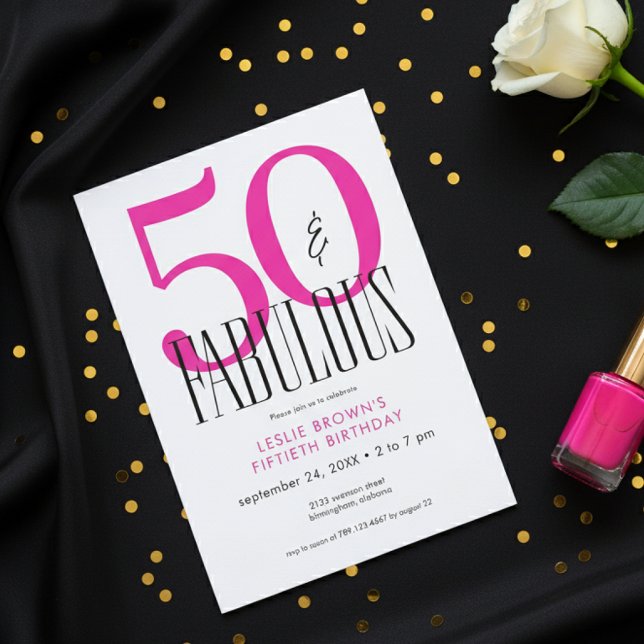 Invitation Modern Minimal Fifty Fabulous Bright Pink Birthday (Créateur téléchargé)