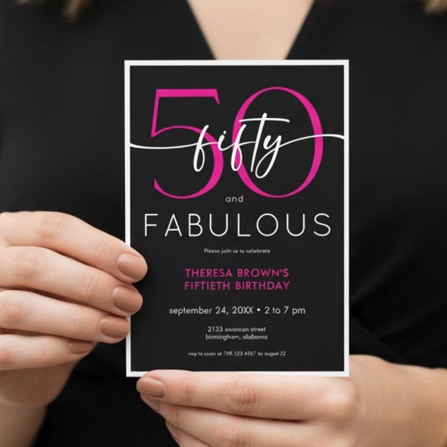 Invitation Modern Minimal Pink Fifty Fabulous Script Birthday (Créateur téléchargé)