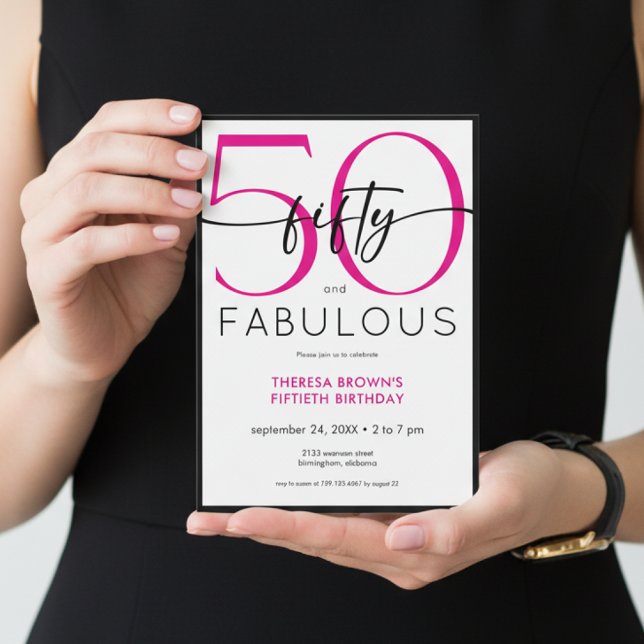 Invitation Modern Minimal Pink Fifty Fabulous Script Birthday (Créateur téléchargé)