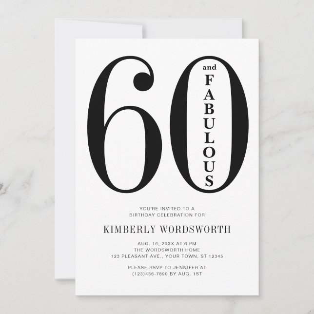 Invitation Modern Minimal Sixty and Fabulous 60th Birthday  (Devant)