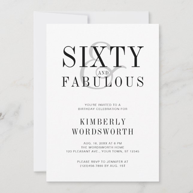 Invitation Modern Minimal Sixty and Fabulous 60th Birthday (Devant)