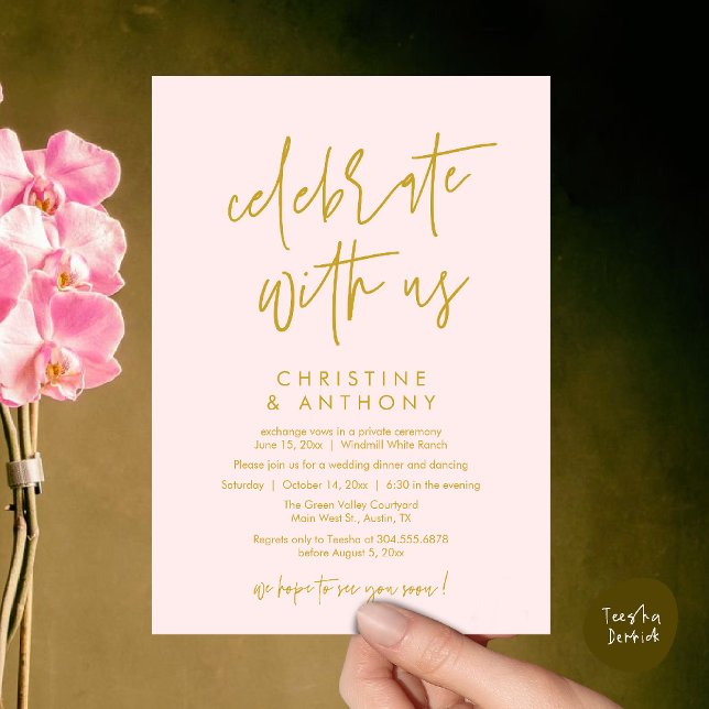 Invitation Modern Minimal Wedding Reception Dinner (Modern Minimal Wedding Reception Dinner Lunch Brunch Invitation Card in yellow gold and Blush)