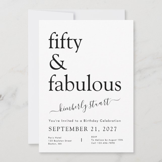 Invitation Modern Minimalist Black and White 50th Birthday (Devant)