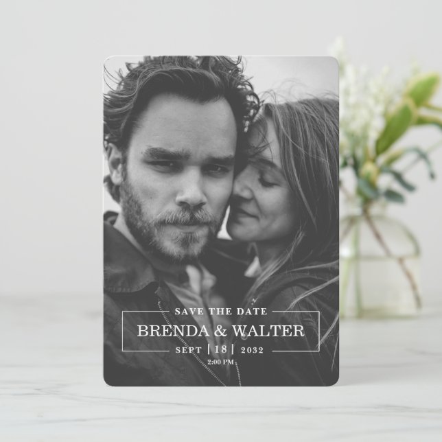 Invitation Modern Minimalist Black And White Photo Wedding  (Debout devant)