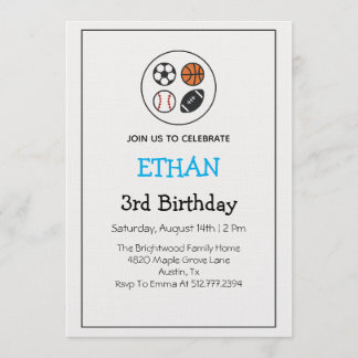 Invitation Modern Minimalist Multi Sport Boys Birthday Party