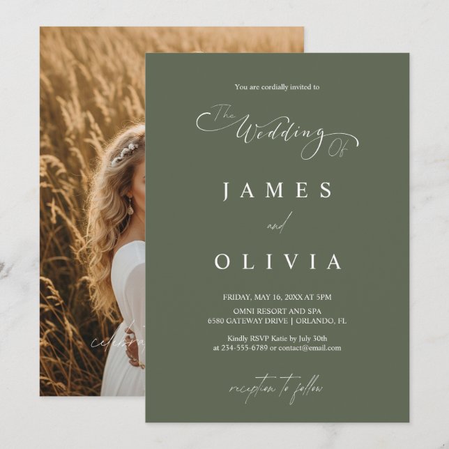 Invitation Modern Minimalist Olive Green Photo Wedding Invita (Devant / Derrière)