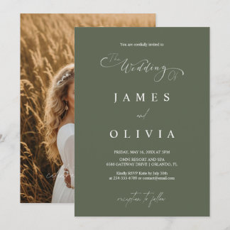 Invitation Modern Minimalist Olive Green Photo Wedding Invita