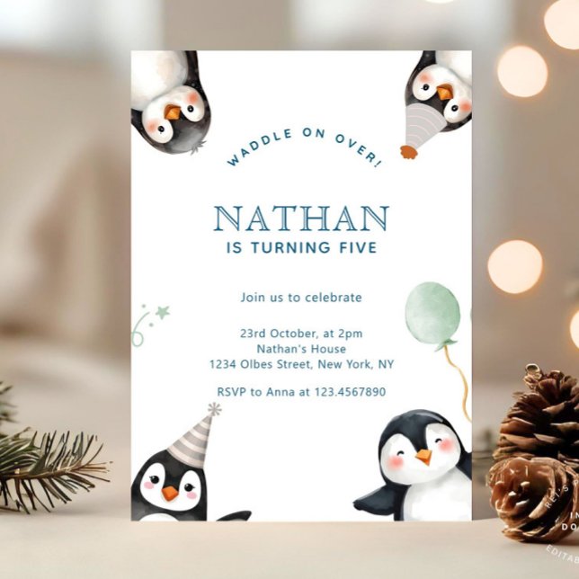 Invitation Modern Minimalist Penguin Winter Birthday Party (winter wonderland birthday, penguin birthday invitation, winter forest mountain, winter birthday, ru)
