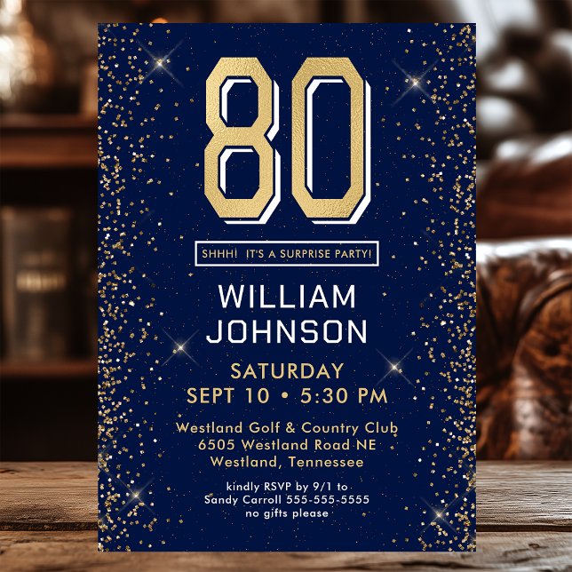 Invitation Modern Navy Blue 80e anniversaire Surprise Party (Créateur téléchargé)